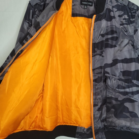 New Look Camo Bomber Jacket Orange Lined Zip Up Pocket SizeL - Picture 4 of 6